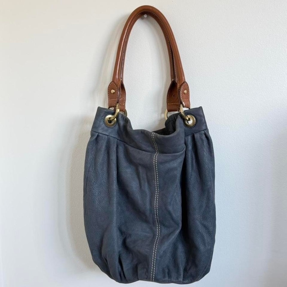 Vintage Coldwater Creek Blue Boho Leather Slouchy Shoulder Bag Brown Handles